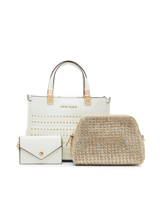 Anne Klein Metallic Perforated Mini Satchel With Convertible Straw Crossbody