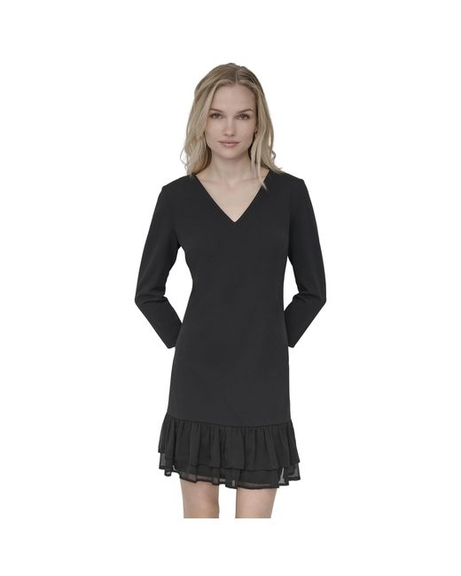 DKNY Black Long Sleeve V-neck Scuba Crepe Ruffle Hem Mini Dress