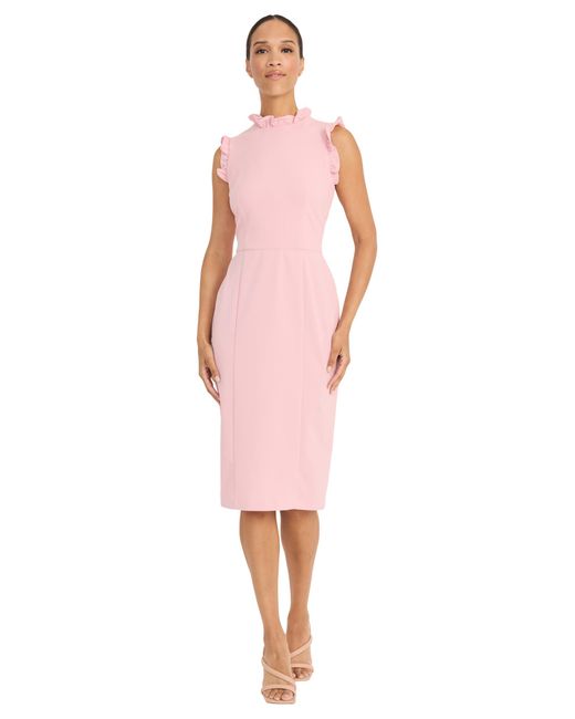 Maggy London Pink Ruffle Neck And Armhole Sheath Dress