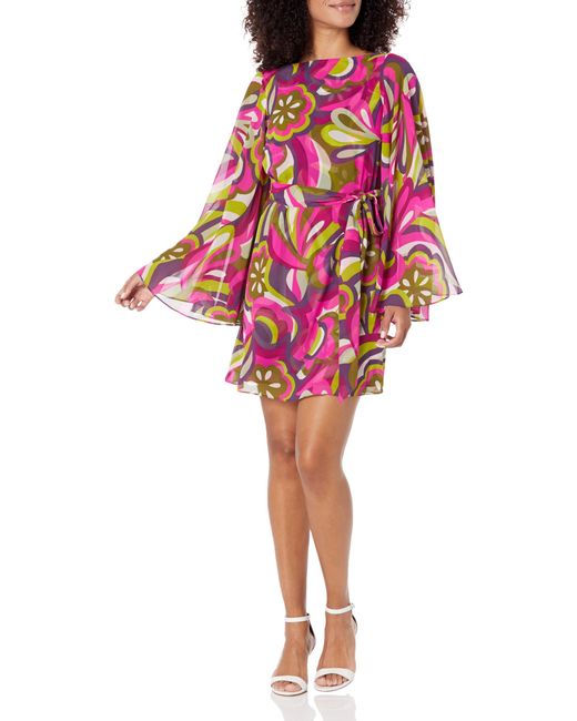 Trina Turk Red Printed Dress With Dramatic Sleeves