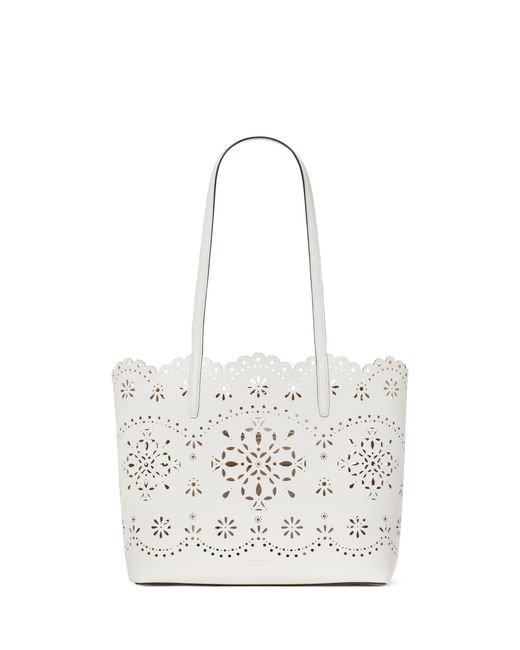 Kate Spade White Do It All Spade Flower Perforated Fine Grain Leather Large Tote