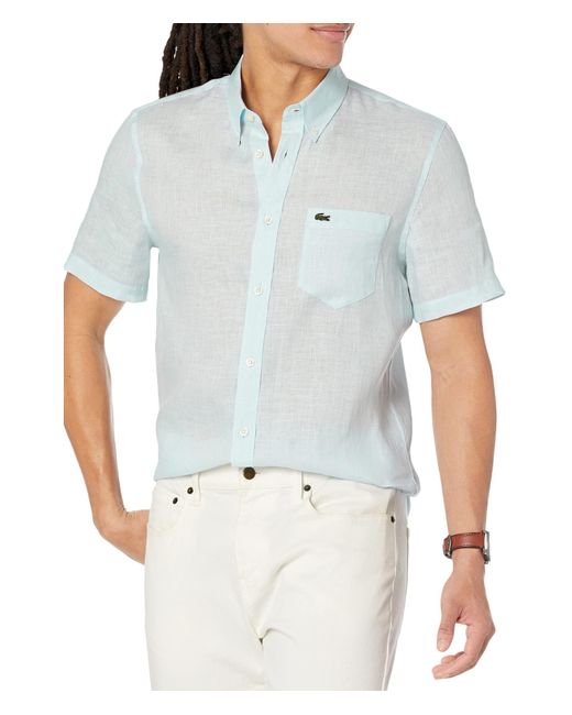 Lacoste White Short Sleeve Regular Fit Linen Casual Button-down Shirt With Front Pocket for men
