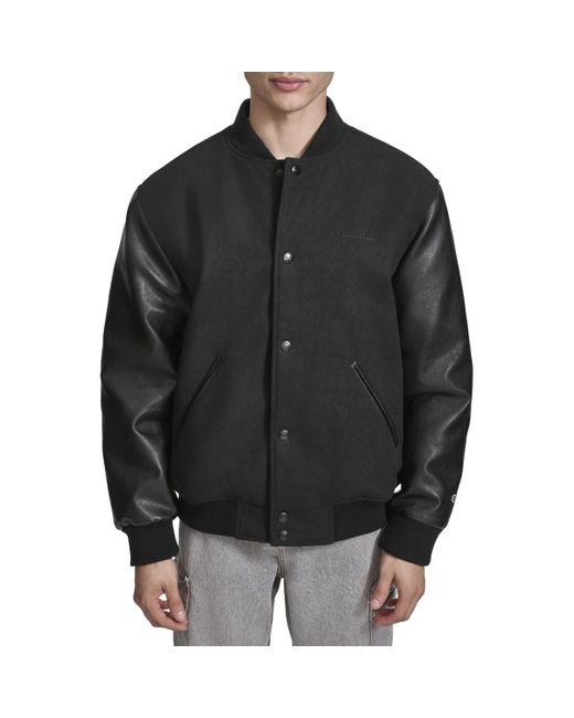 Champion Black Letterman Varsity Bomber Jacket With Faux Leather Sleeves for men