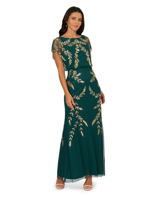 adrianna papell green and gold dress Adrianna Papell Womens Long Beaded Evening Dress Green 4
