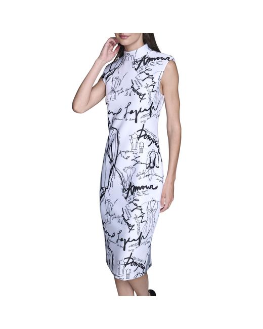 karl lagerfeld blue and white dress Women's Cotton-Poplin Floral Drop Waist Midi Dress | Soft White/Sky Blue