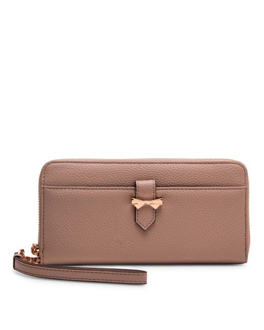 Anne Klein Brown Ak Boxed Slim Zip Wallet With Bow Detailing And Wristlet Strap