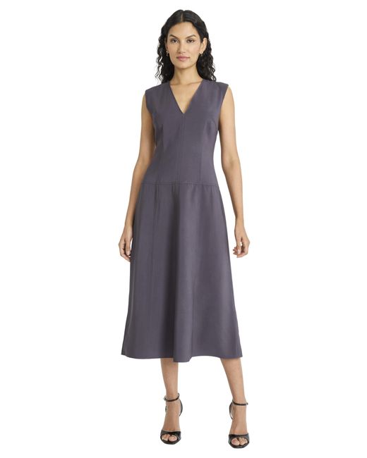 Maggy London Purple Sleeveless V Neck Fit & Flare Midi Wedding Guest Dresses