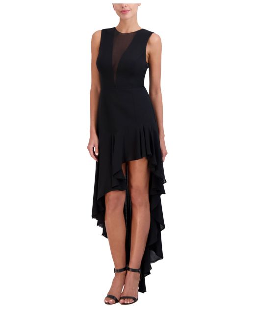 BCBGMAXAZRIA Black S Sleeveless Illusion Neck High Low Evening Dress