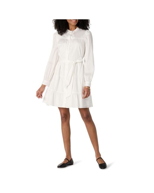 Abito Chemisier a Balze in Raso di Cotone Fit Classico Donna di Amazon Essentials in White