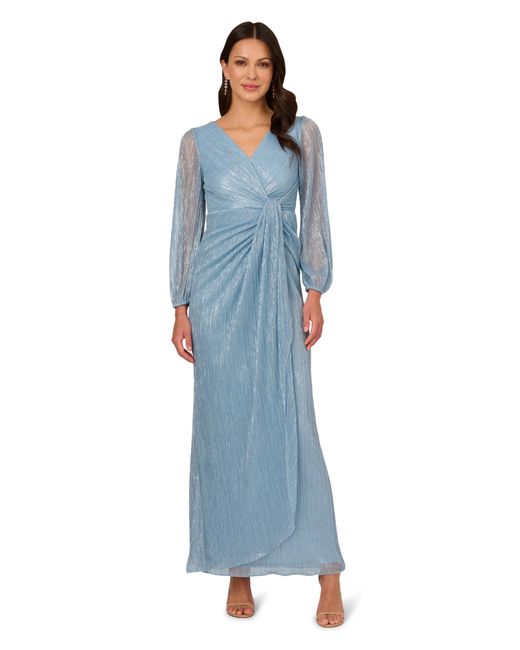 Adrianna Papell Blue Metallic Mesh Draped Gown
