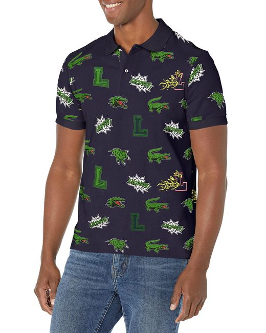 Lacoste Blue Icon Heroes Short Sleeve Polo Shirt With All Over Patch Print for men