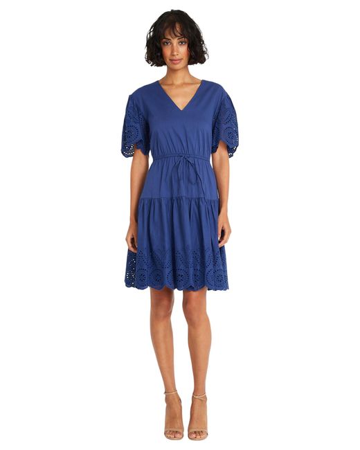 Maggy London Blue S V-neck Scallop Edge Tiered Hem And Sleeves | Wedding Guest Dresses For