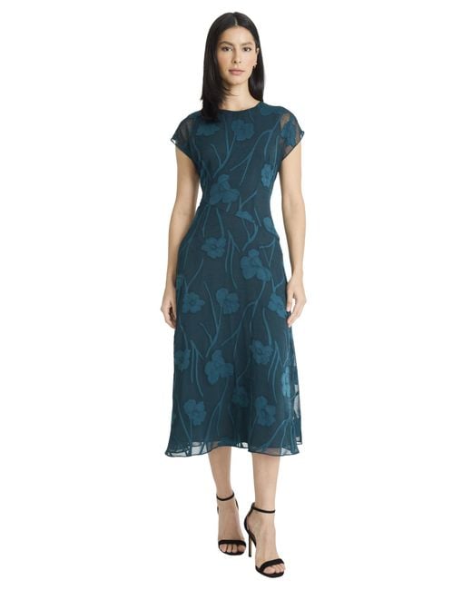 Maggy London Blue Floral Jacquard A-line Midi Cap Sleeve Round Neck Wedding Guest Dresses