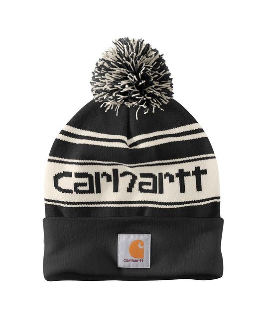 Carhartt Black Knit Pom Cuffed Logo Beanie for men
