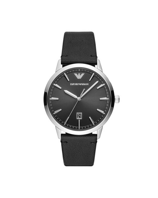 Emporio Armani Three-hand Date Silver And Black Leather Band Watch for men