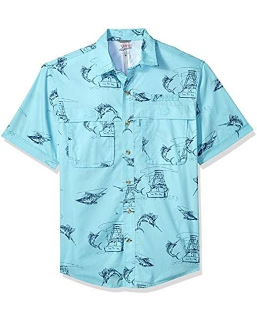 Izod Blue Surfcaster Short Sleeve Button Down Patterned Fishing Shirt for men