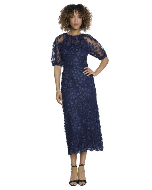Maggy London Blue Elegant Illusion Neck Elbow Sleeves Midi Cocktail Dresses For