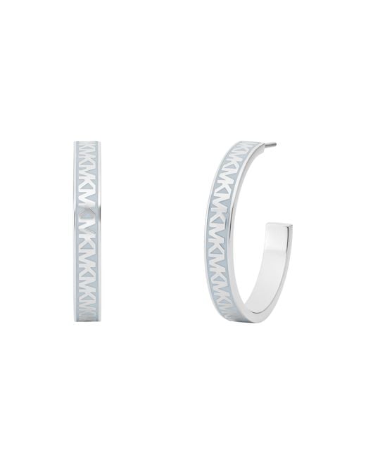 Michael Kors White Mk Logo Blue And Silver-tone Brass Hoop Earrings
