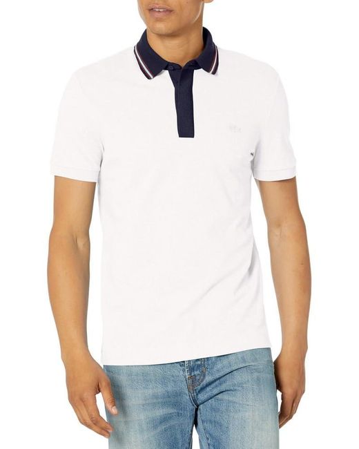 Lacoste White Short Sleeve Regular Fit Striped Neck Polo Shirt for men
