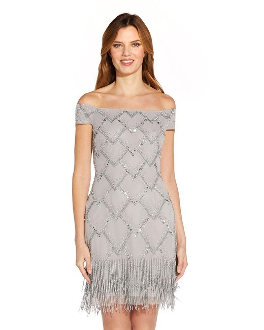 Adrianna Papell Gray Beaded Off Shoulder Dress