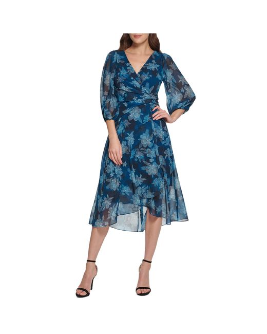 DKNY Blue Sheath With 3/4 Chiffon Sleeve Dress