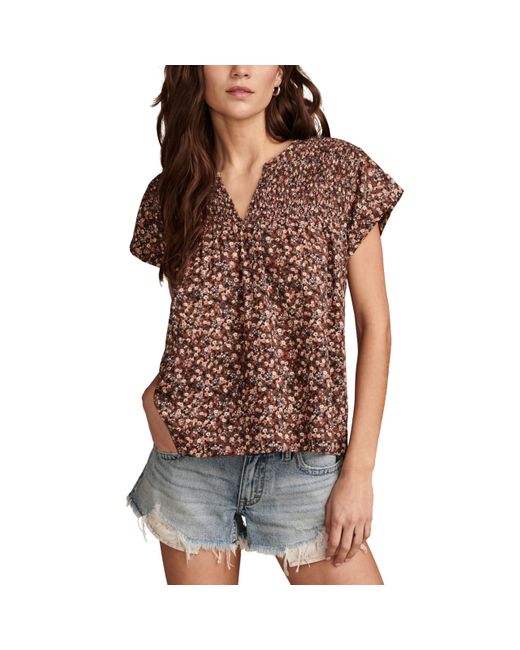 Lucky Brand Brown Short Sleeve Printed Smocked Blouse