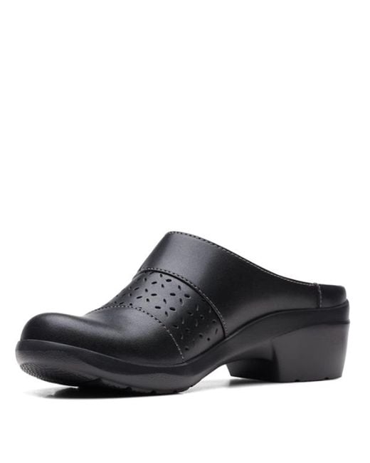 Clarks Black Angie Maye Perfed Strapped Comfort Clogs