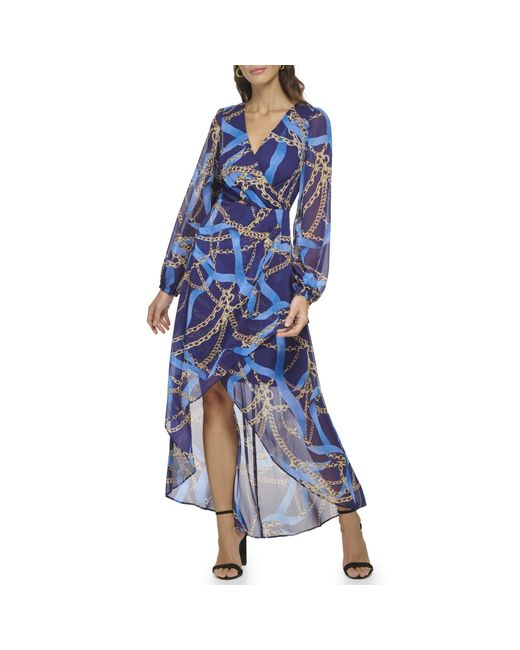 Guess Blue Longsleeve Scarf Print Chiffon Maxi Dress