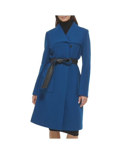 Cole Haan Blue Belted Coat Wool With Cuff Details