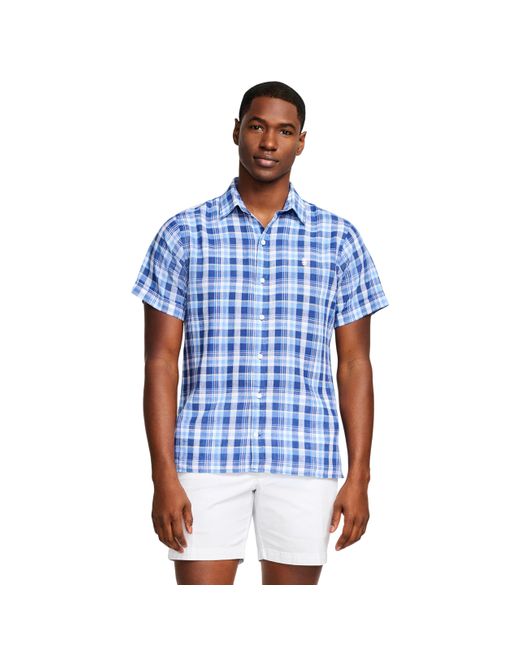 Izod Blue Short Sleeve Madras Button Down Shirt for men