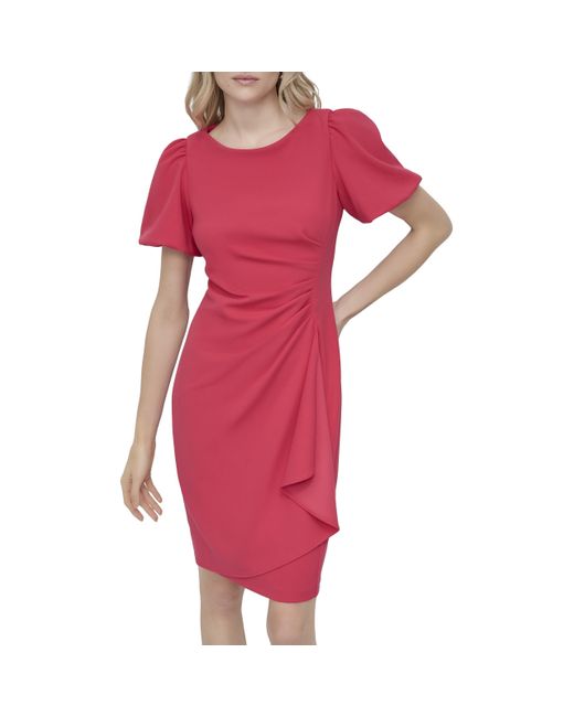DKNY Red Short Sleeve Boat Neck Side Ruched Dress