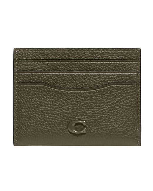 COACH Flat Card Case In Pebble Leather W/sculpted C Hardware Branding Army Green One Size