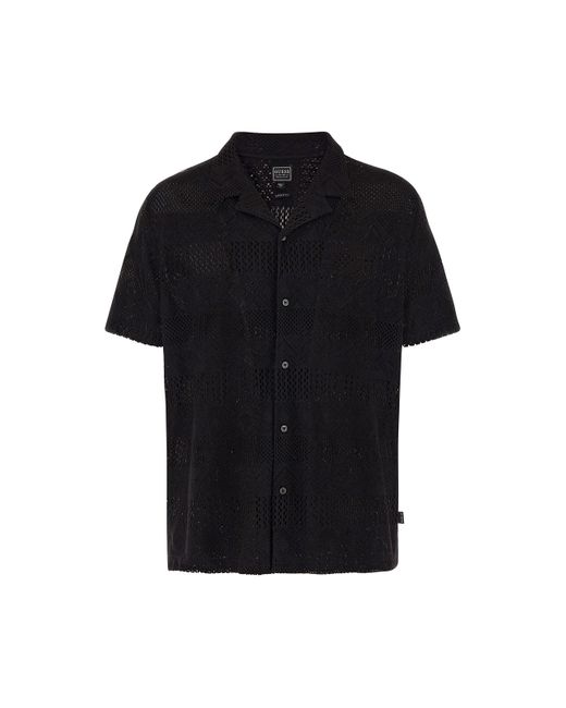 Guess Black Geo Crochet Short Sleeve Knit Shirt for men
