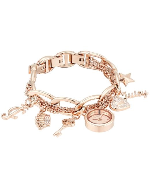 Juicy Couture Metallic Black Label Genuine Crystal Accented Rose Gold-tone Charm Bracelet Watch