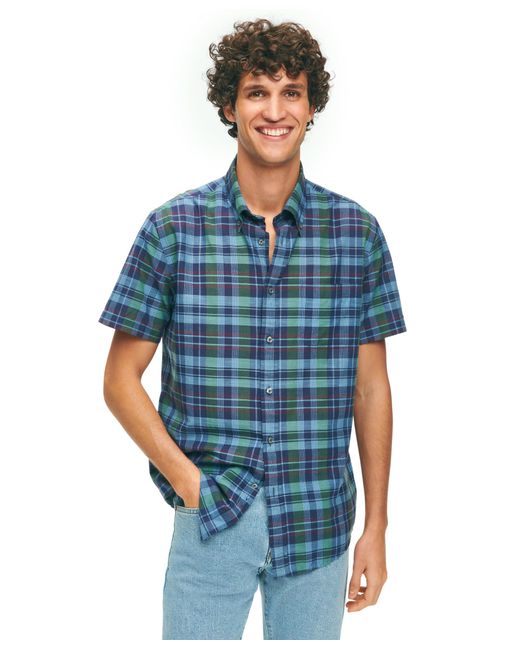Brooks Brothers Blue Regular Fit Button Down Cotton Madras Short Sleeve Sport Shirt for men