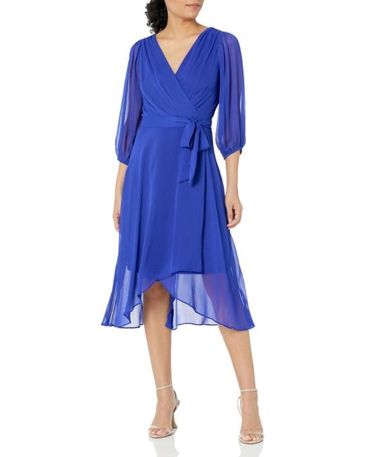 DKNY Blue Balloon Half Sleeve Faux Wrap Midi Dress