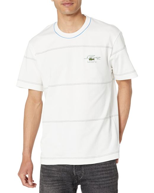 Lacoste White Contemporary Collection's Short Sleeve Relaxed Fit Dotted Stripe Tee Shirt for men