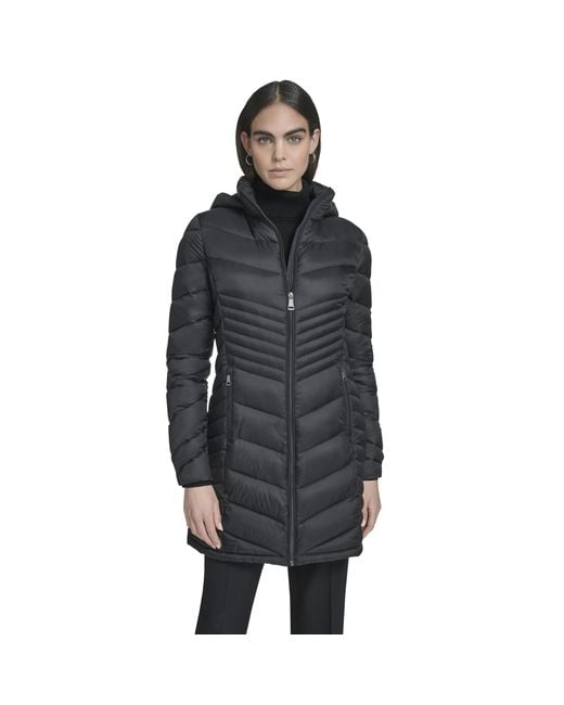 Calvin Klein Black Hooded Chevron Quilt Puffer Coat – Slimming Longline Winter