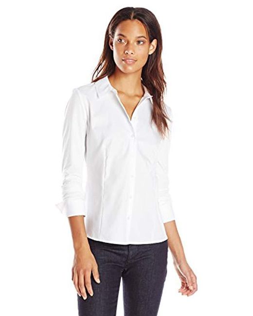 Calvin Klein Knit Combo Blouse With Collar in White - Lyst