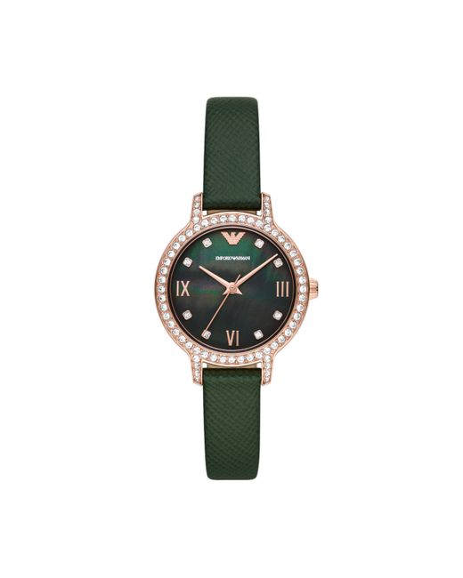 Emporio Armani Metallic Three-hand Rose Gold And Green Leather Band Watch