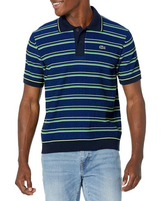 Lacoste Blue Short Sleeve Classic Fit Striped Polo Sweater for men