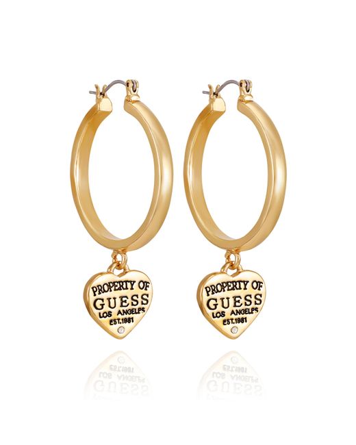 Orecchini a cerchio con logo dorato a forma di cuore di Guess in Metallic