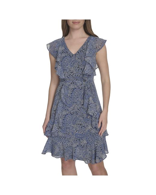 Tommy Hilfiger Blue Flutter Sleeves All Over Ruffle Fit And Flare Dress