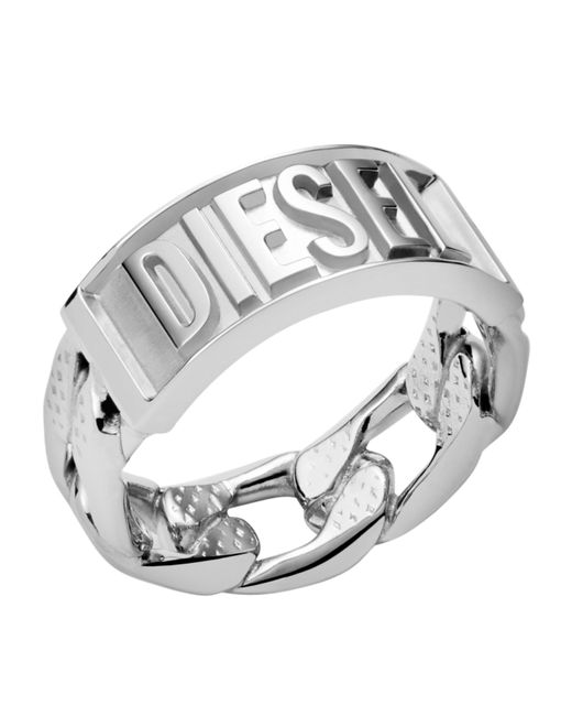 DIESEL Metallic Silver Stainless Steel Logo Band Ring for men