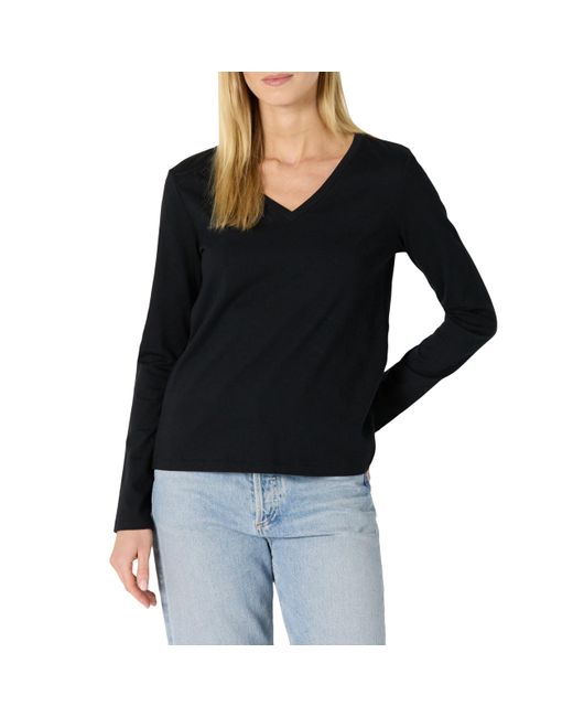 T-shirt Col en V à ches Longues Coupe Classique 100% Coton Amazon Essentials en coloris Black