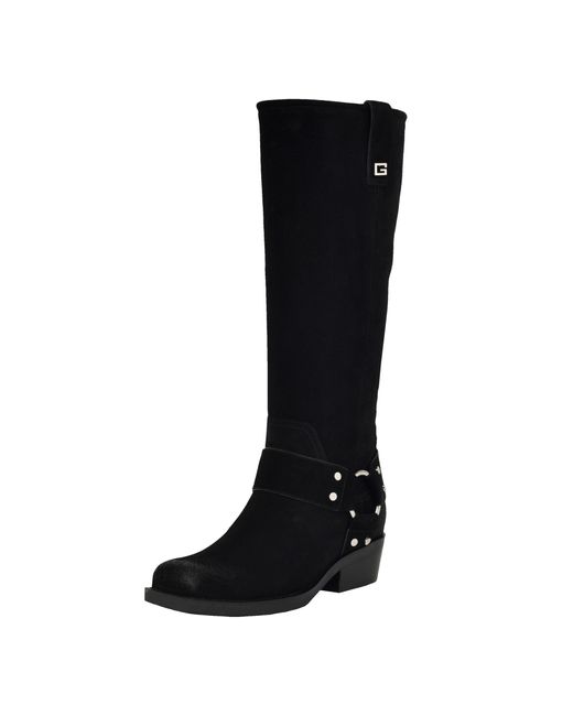 GUESS Felysse Stivali Donna Alti Al Ginocchio In Pelle Scamosciata – Tacco 3,8 Cm, Dettagli Metal, Stile Moto
