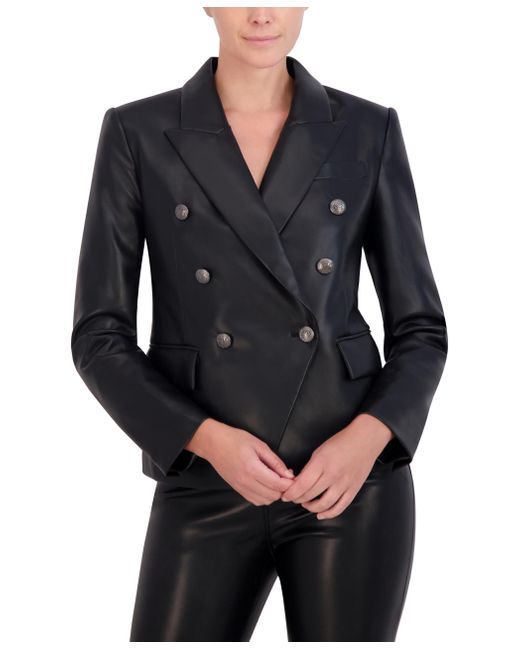 BCBGMAXAZRIA Black Long Sleeve V Neck Double Breasted Leather Blazer Jacket