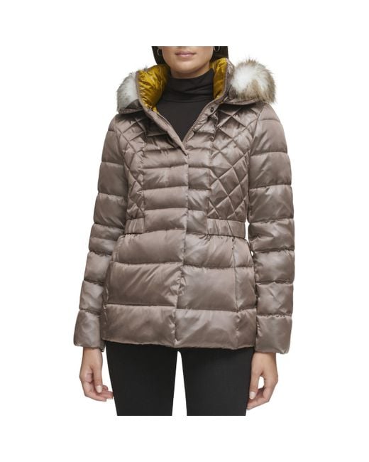 Kenneth Cole Mixed Quilted Irridescent Cire Puffer in Brown Lyst