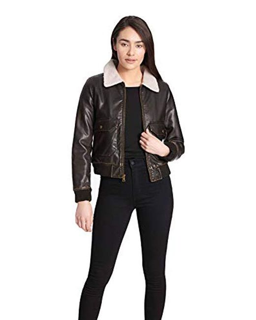 Women S Brown Faux Leather Sherpa Aviator Er Jacket