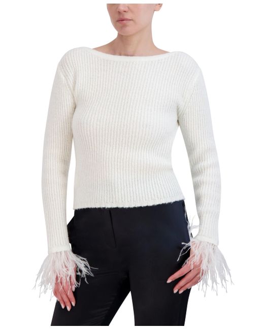 BCBGMAXAZRIA White Boat Neck Long Sleeve Feather Cuff Sweater Top